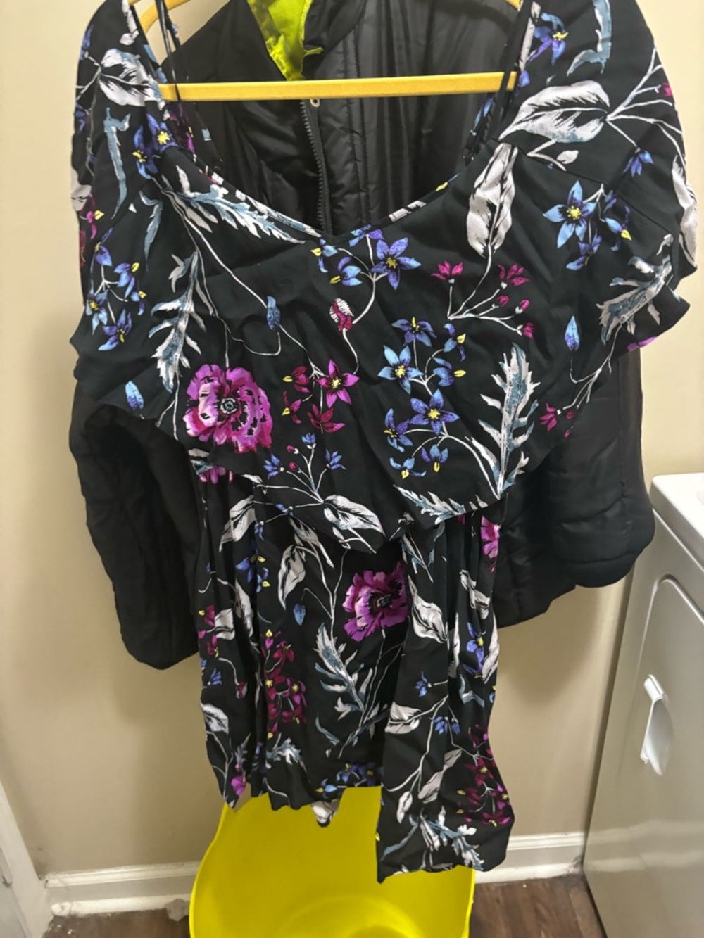 Express Black Off-Shoulder Floral Dress with Purple & Blue Flowers